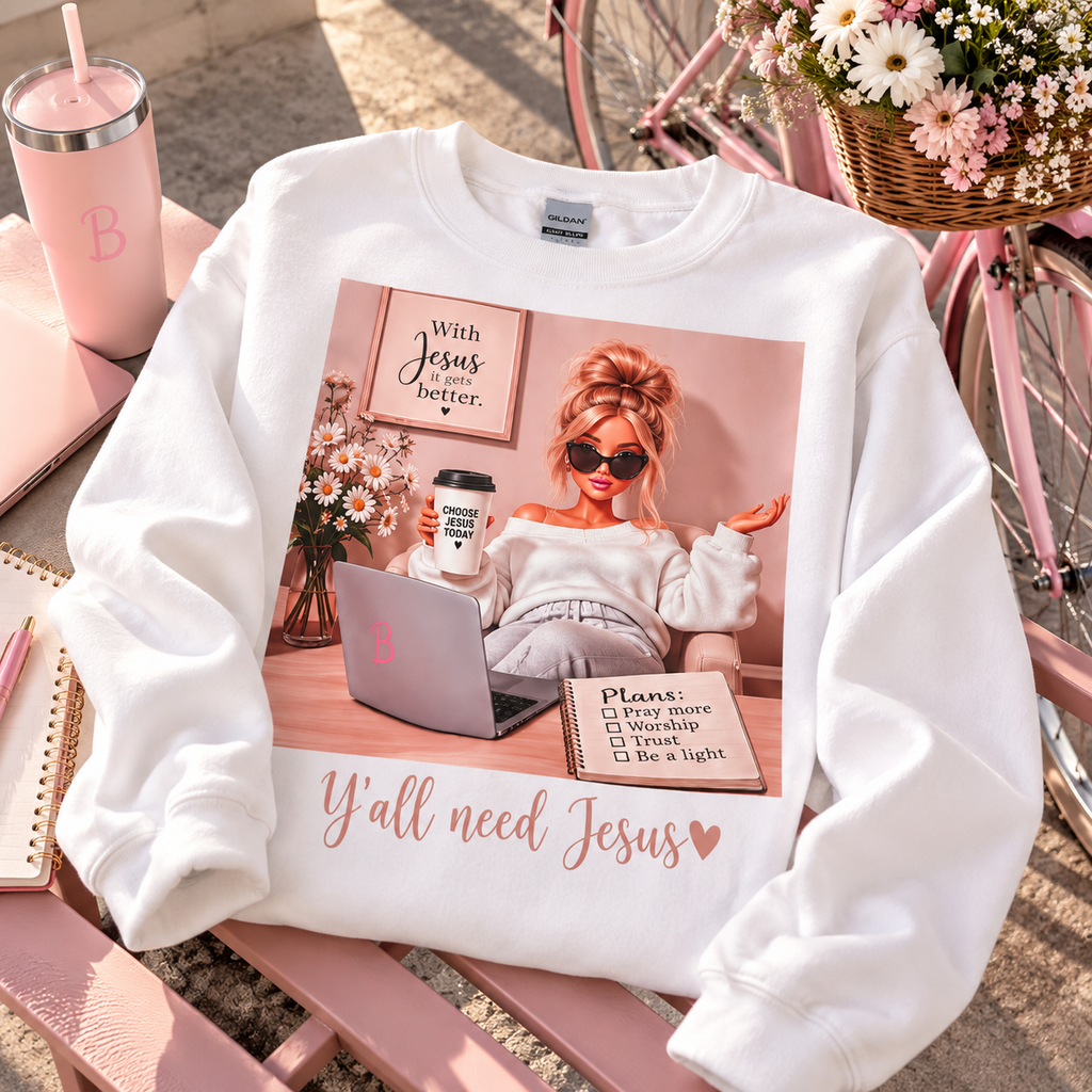 Y’all Need Jesus Christian Sweatshirt – Barbie-Inspired Faith Crewneck
