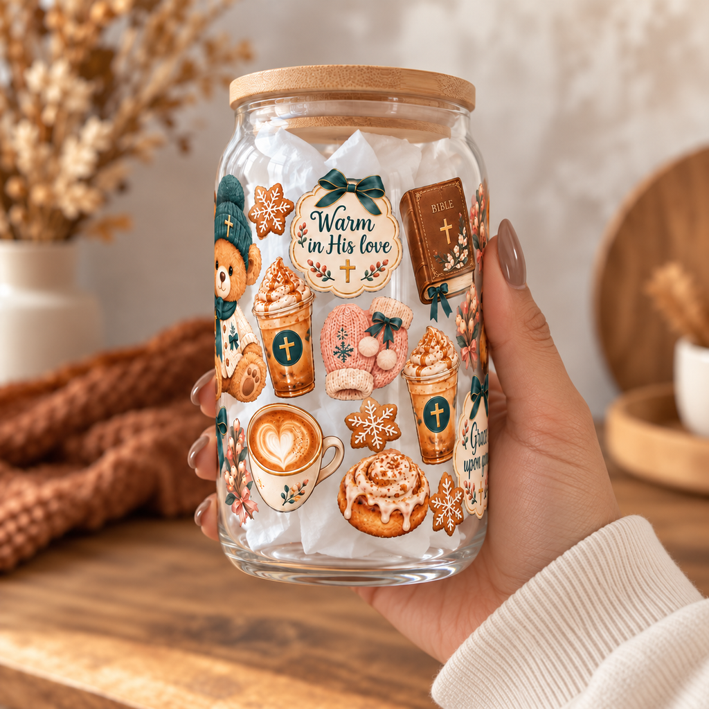 Warm in His Love Christian Bear Glass Tumbler – 16 oz – hand-held