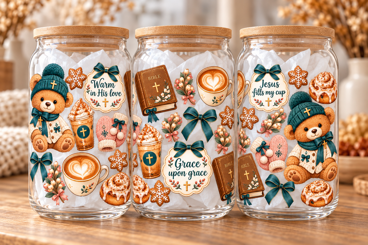 Warm in His Love Christian Bear Glass Tumbler – 16 oz – three-views