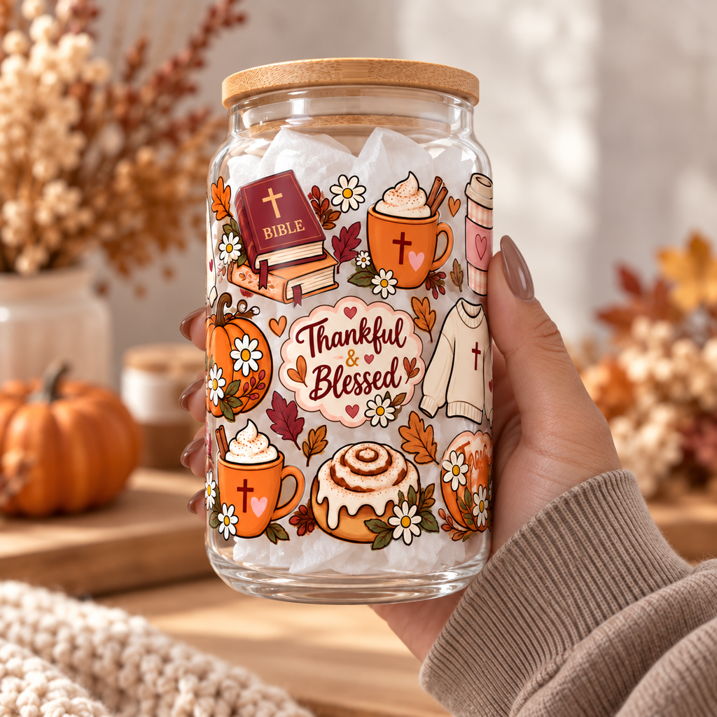 Thankful & Blessed Christian Glass Tumbler – 16 oz – hand-held