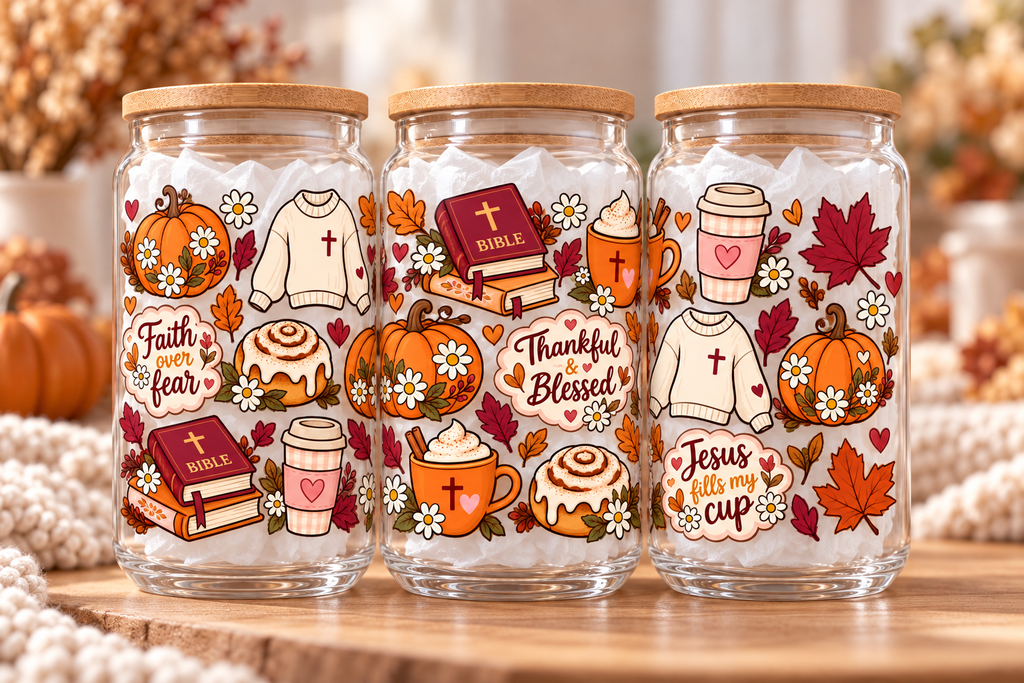 Thankful & Blessed Christian Glass Tumbler – 16 oz – three-views