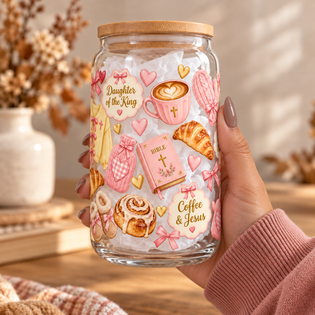 Coffee & Jesus Pastel Christian Glass Tumbler – 16 oz – hand-held