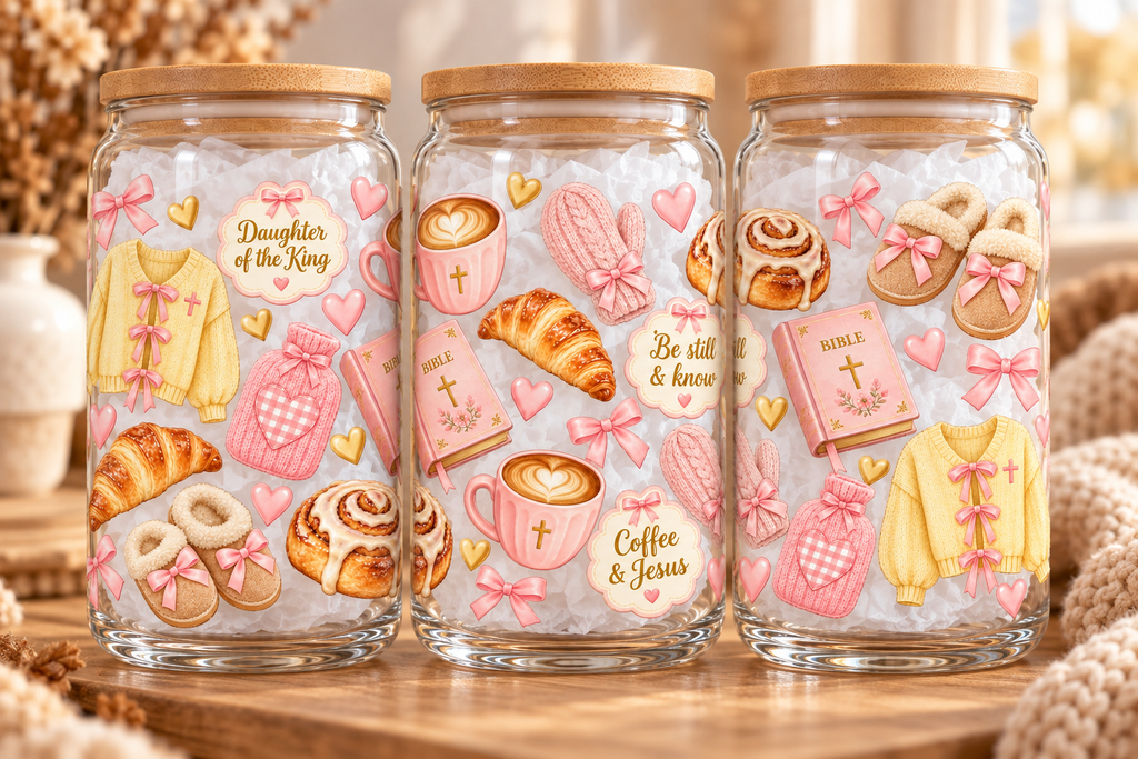 Coffee & Jesus Pastel Christian Glass Tumbler – 16 oz – three-views